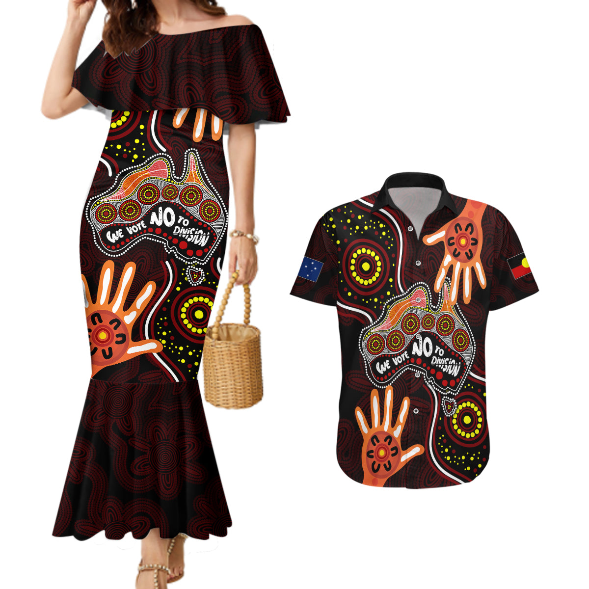 australia-indigenous-couples-matching-mermaid-dress-and-hawaiian-shirt-we-vote-no-to-division-aboriginal-map