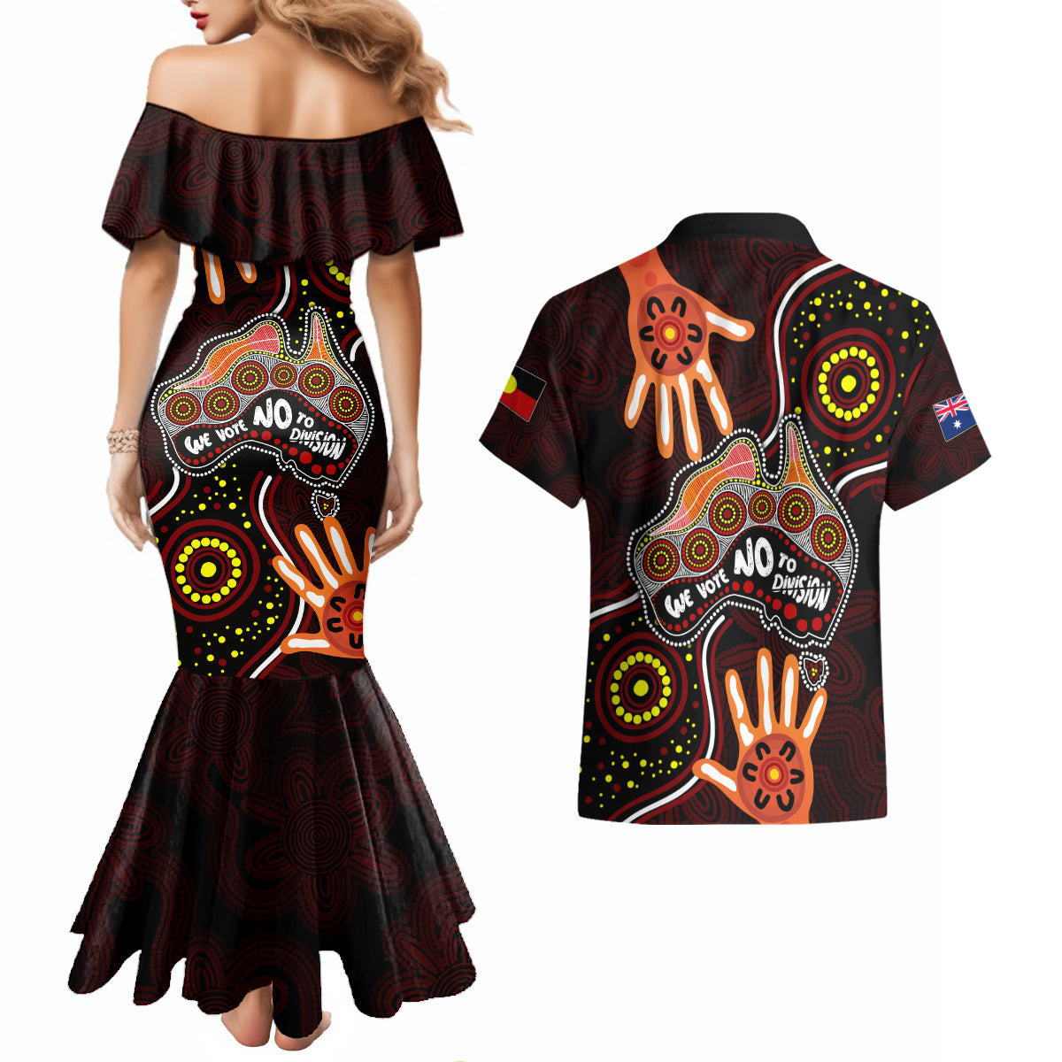 australia-indigenous-couples-matching-mermaid-dress-and-hawaiian-shirt-we-vote-no-to-division-aboriginal-map