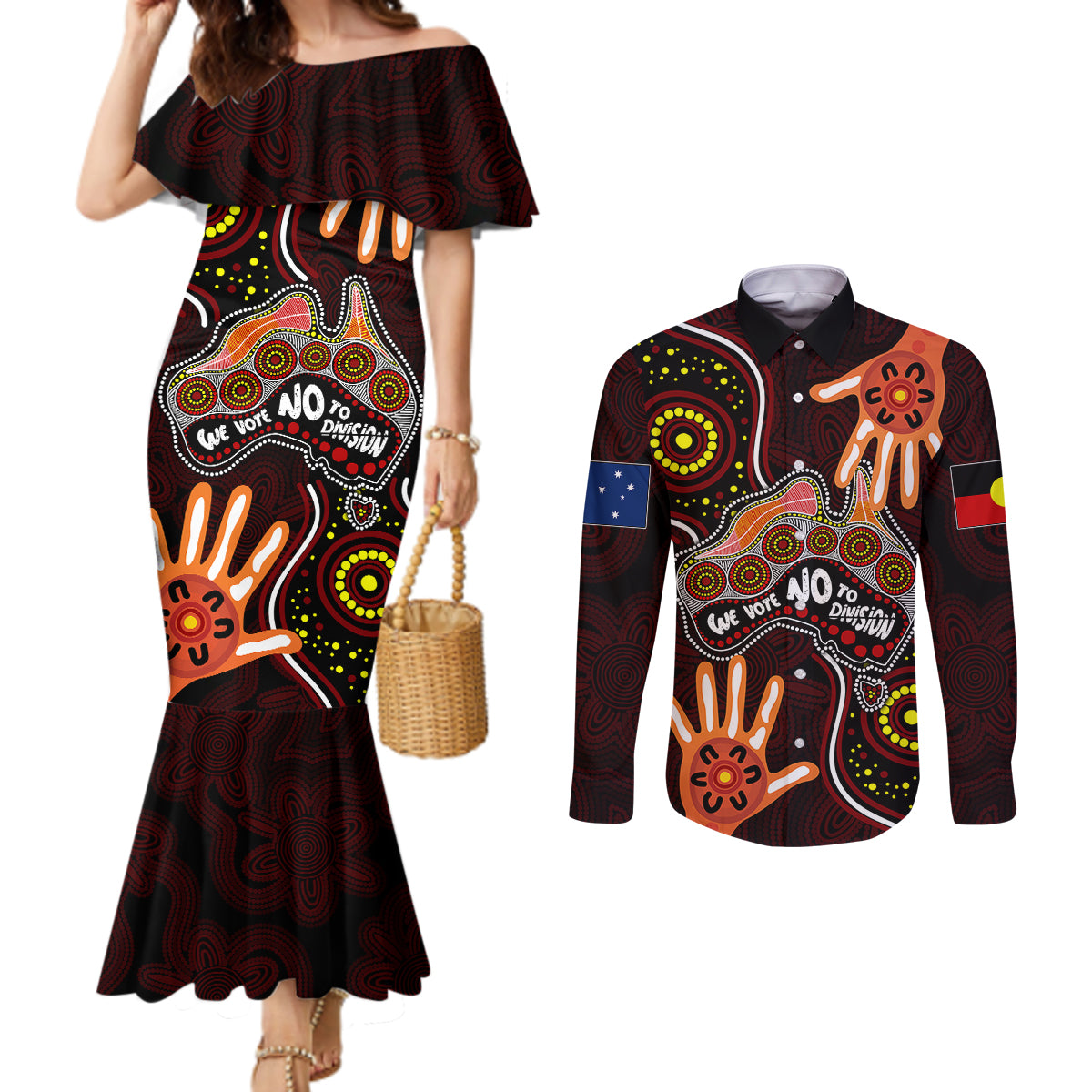 australia-indigenous-couples-matching-mermaid-dress-and-long-sleeve-button-shirts-we-vote-no-to-division-aboriginal-map