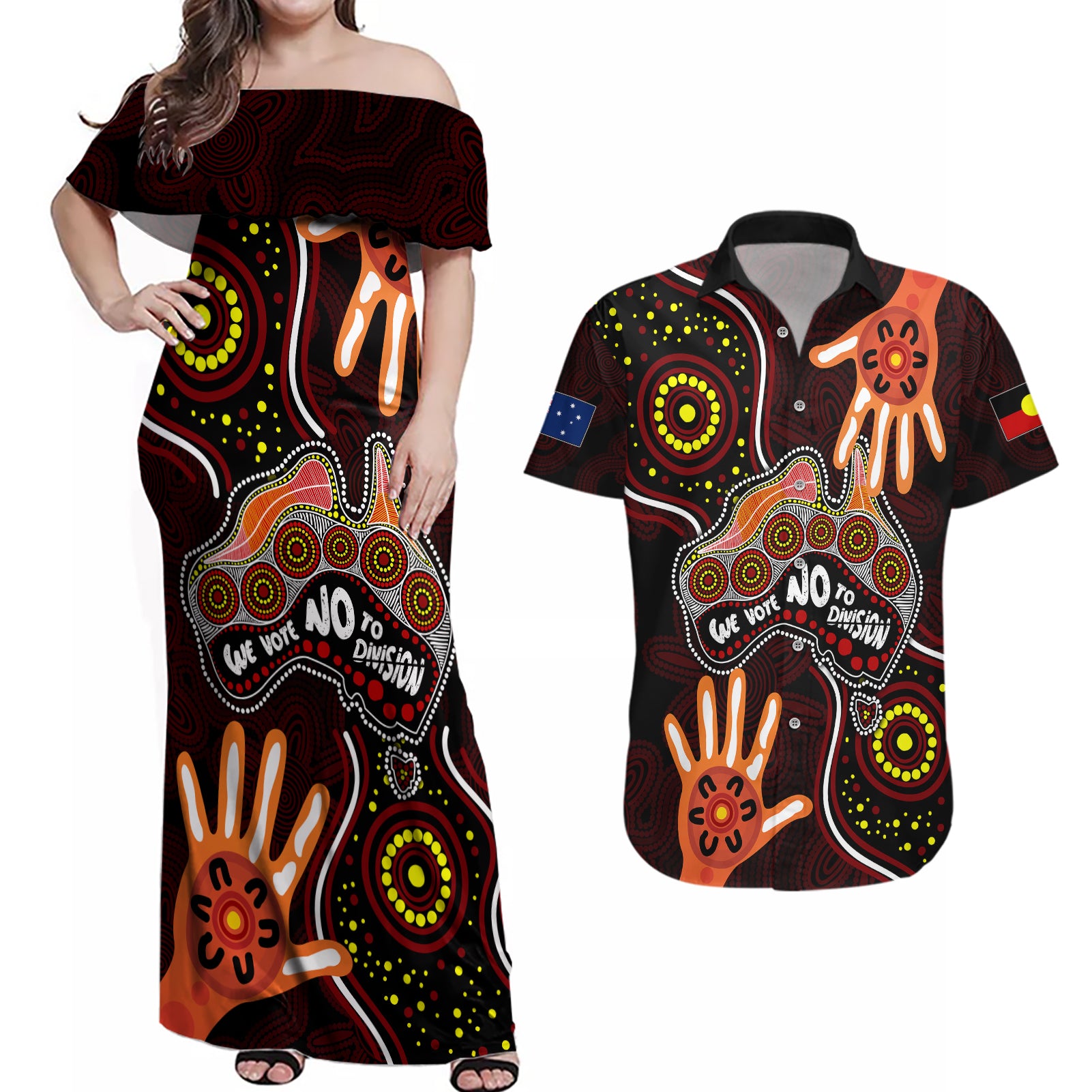 australia-indigenous-couples-matching-off-shoulder-maxi-dress-and-hawaiian-shirt-we-vote-no-to-division-aboriginal-map