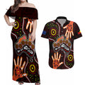 australia-indigenous-couples-matching-off-shoulder-maxi-dress-and-hawaiian-shirt-we-vote-no-to-division-aboriginal-map