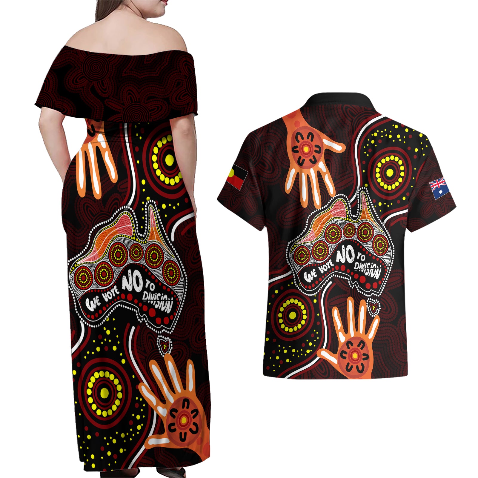 australia-indigenous-couples-matching-off-shoulder-maxi-dress-and-hawaiian-shirt-we-vote-no-to-division-aboriginal-map