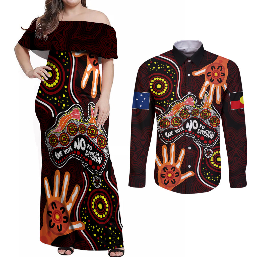 australia-indigenous-couples-matching-off-shoulder-maxi-dress-and-long-sleeve-button-shirts-we-vote-no-to-division-aboriginal-map
