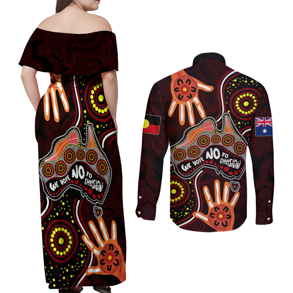 australia-indigenous-couples-matching-off-shoulder-maxi-dress-and-long-sleeve-button-shirts-we-vote-no-to-division-aboriginal-map