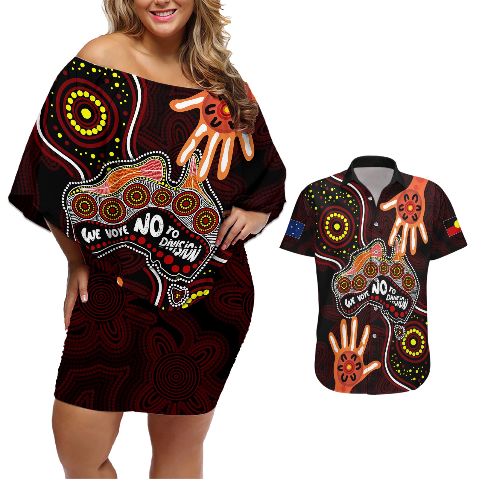 australia-indigenous-couples-matching-off-shoulder-short-dress-and-hawaiian-shirt-we-vote-no-to-division-aboriginal-map