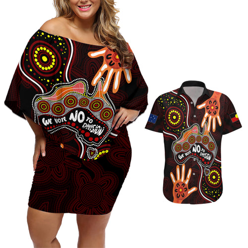 australia-indigenous-couples-matching-off-shoulder-short-dress-and-hawaiian-shirt-we-vote-no-to-division-aboriginal-map