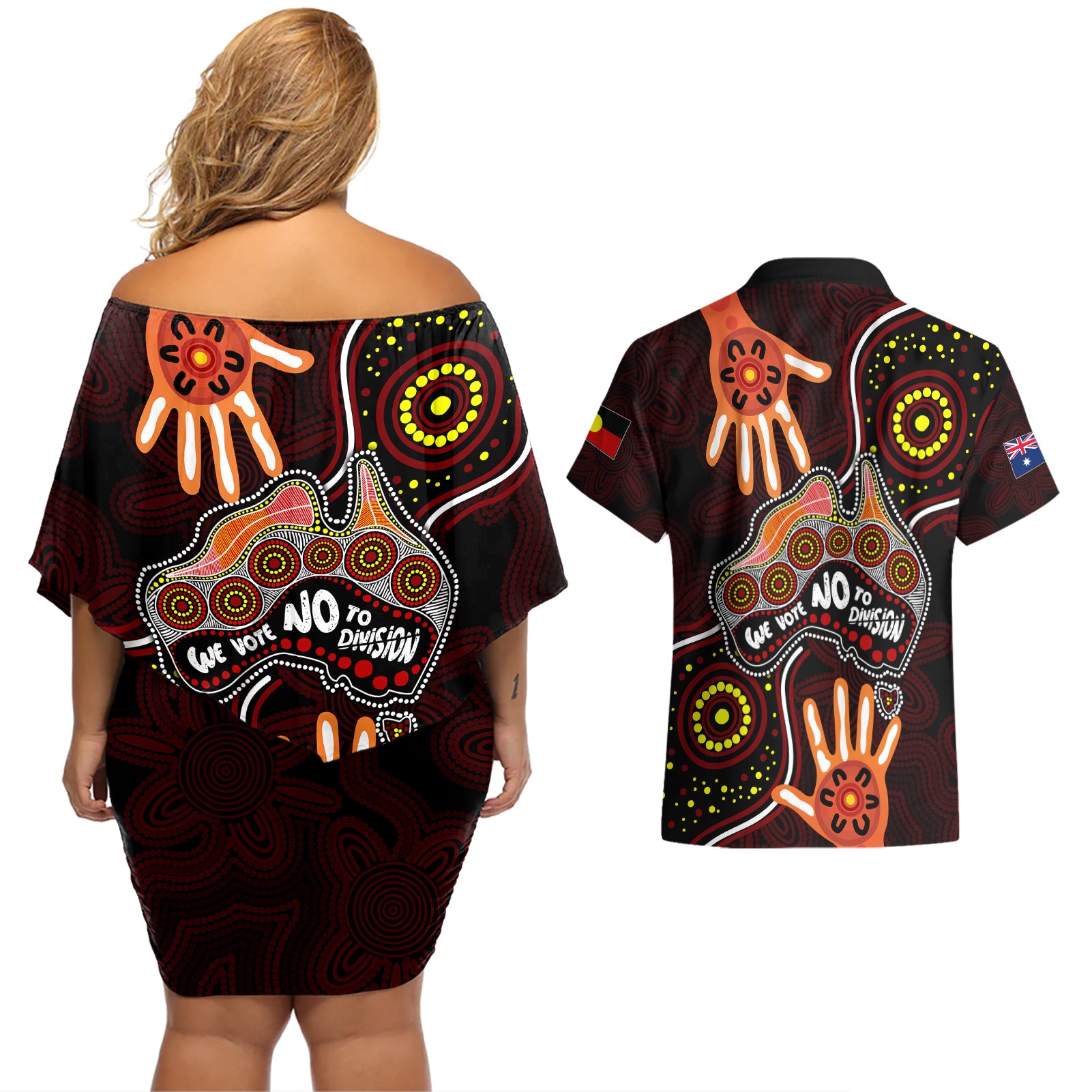 australia-indigenous-couples-matching-off-shoulder-short-dress-and-hawaiian-shirt-we-vote-no-to-division-aboriginal-map