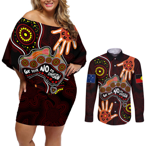 australia-indigenous-couples-matching-off-shoulder-short-dress-and-long-sleeve-button-shirts-we-vote-no-to-division-aboriginal-map