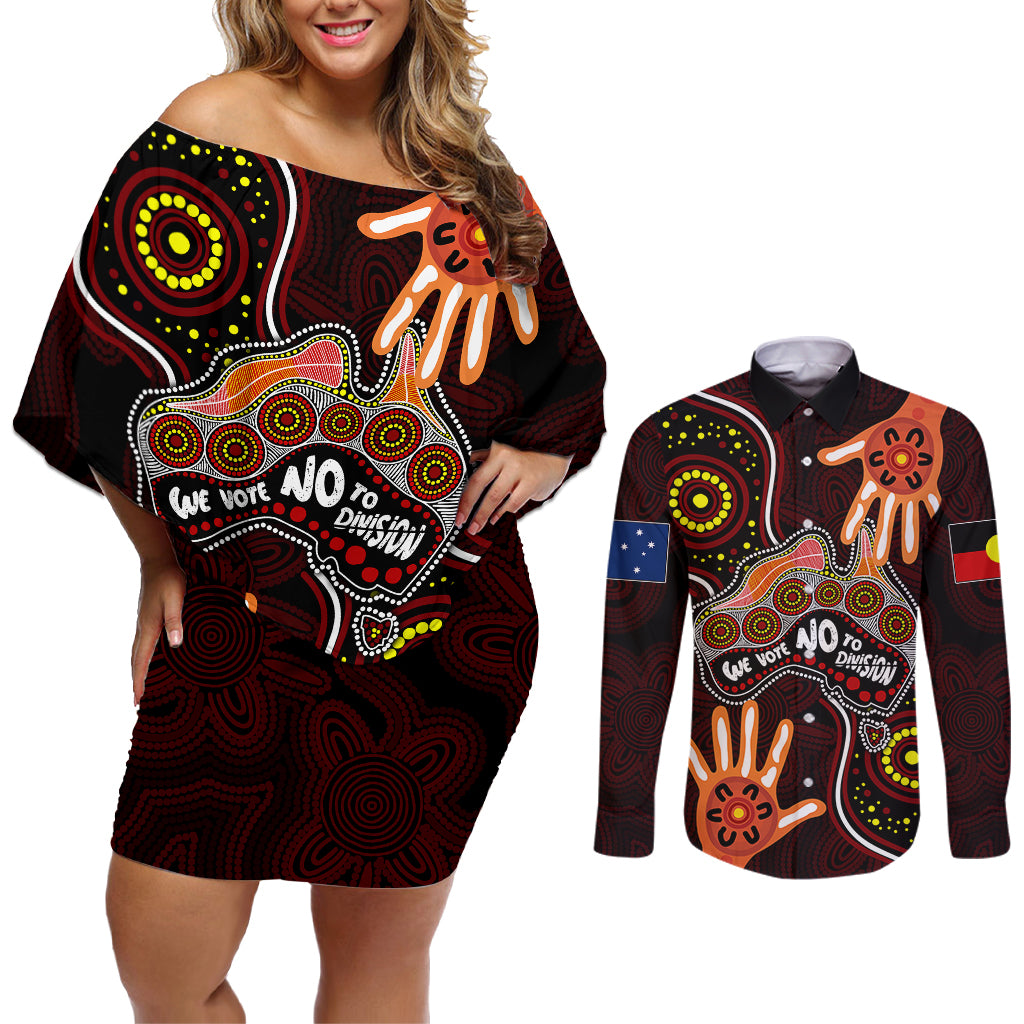australia-indigenous-couples-matching-off-shoulder-short-dress-and-long-sleeve-button-shirts-we-vote-no-to-division-aboriginal-map