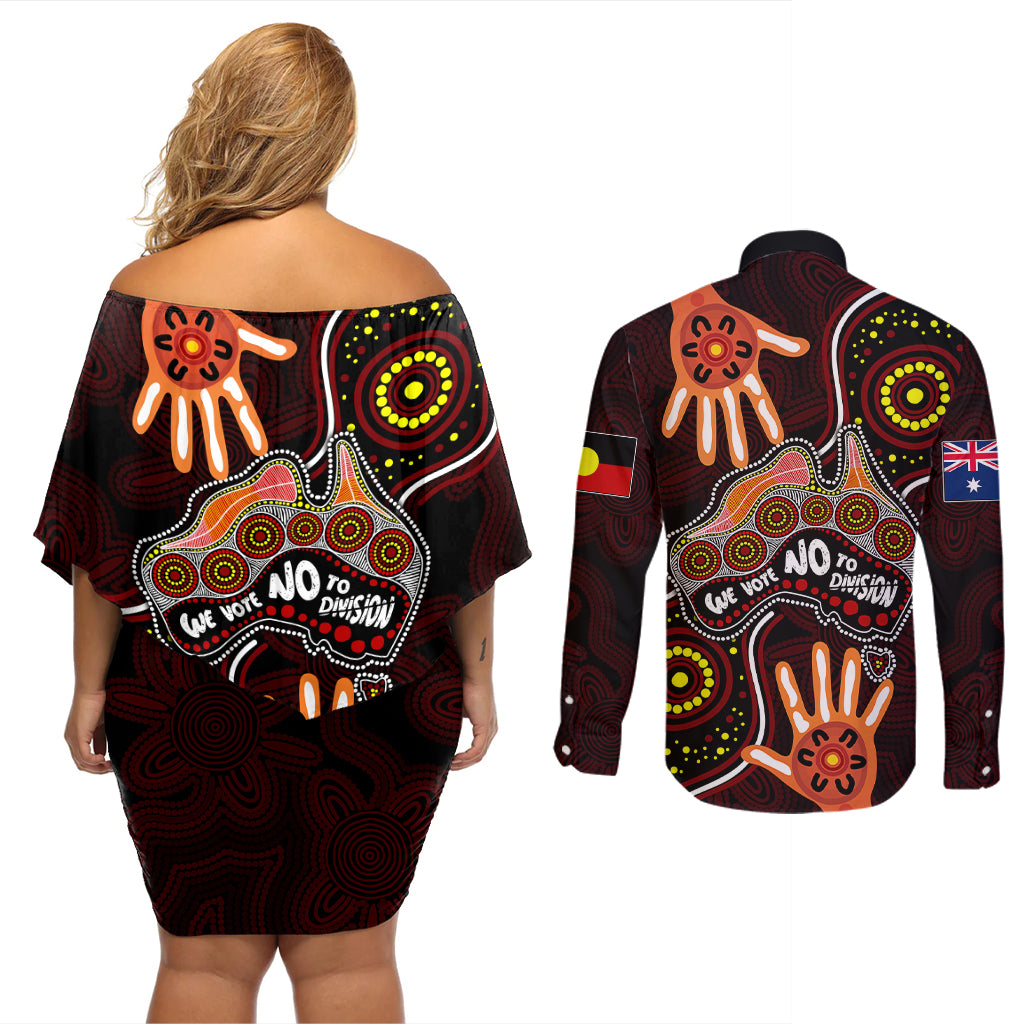 australia-indigenous-couples-matching-off-shoulder-short-dress-and-long-sleeve-button-shirts-we-vote-no-to-division-aboriginal-map