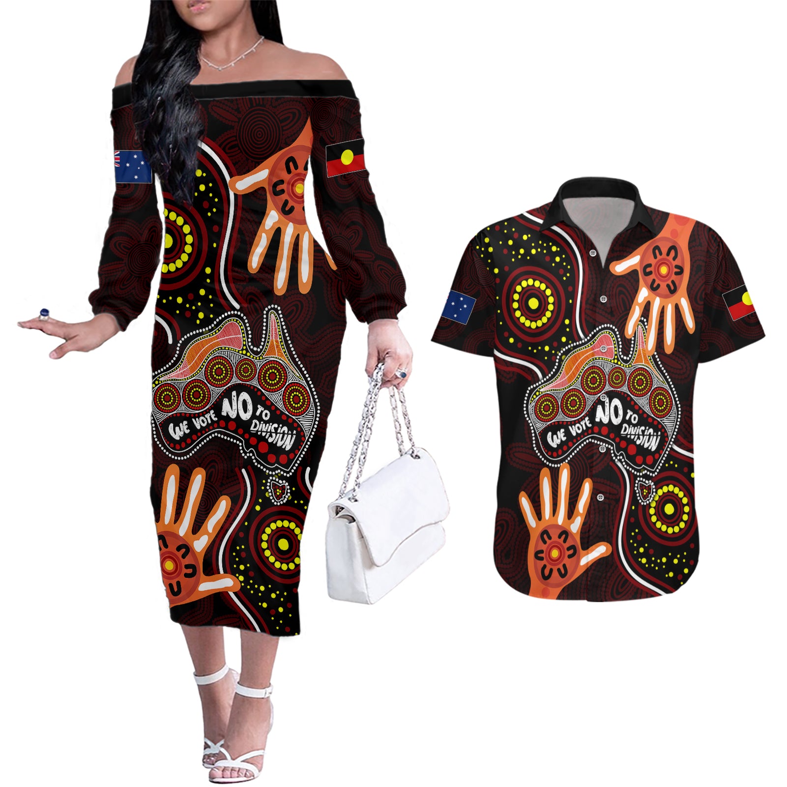 australia-indigenous-couples-matching-off-the-shoulder-long-sleeve-dress-and-hawaiian-shirt-we-vote-no-to-division-aboriginal-map