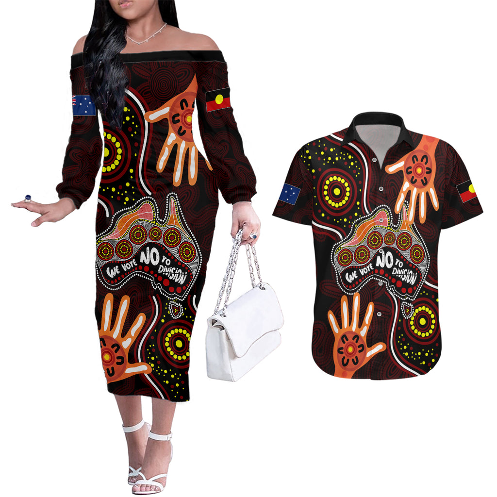 australia-indigenous-couples-matching-off-the-shoulder-long-sleeve-dress-and-hawaiian-shirt-we-vote-no-to-division-aboriginal-map