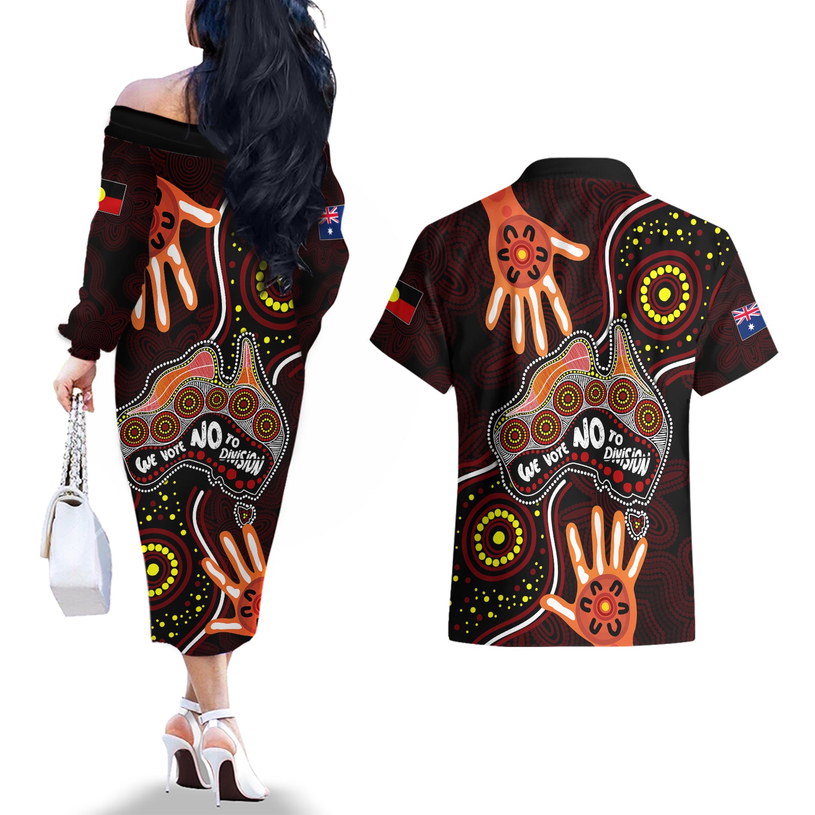australia-indigenous-couples-matching-off-the-shoulder-long-sleeve-dress-and-hawaiian-shirt-we-vote-no-to-division-aboriginal-map