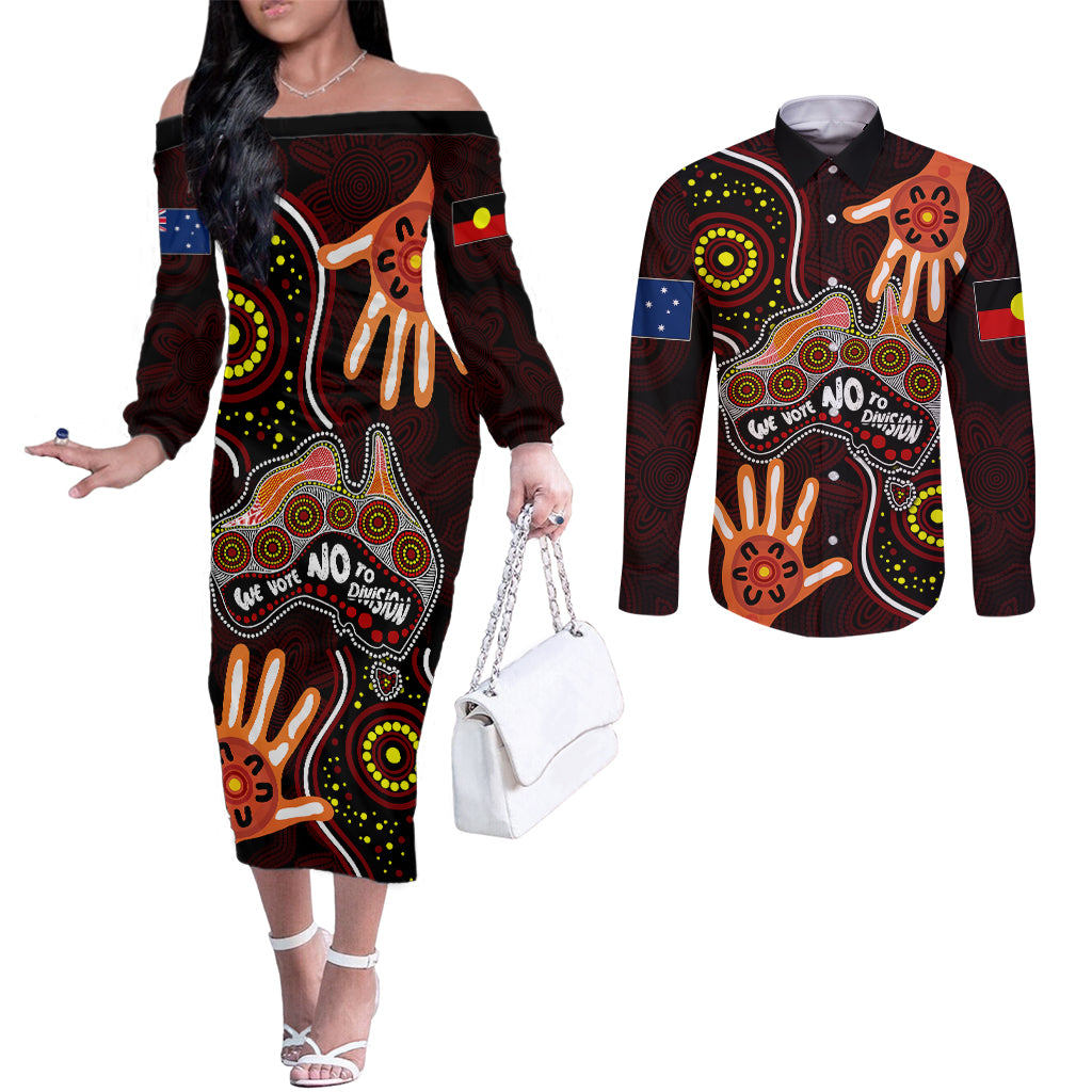 australia-indigenous-couples-matching-off-the-shoulder-long-sleeve-dress-and-long-sleeve-button-shirts-we-vote-no-to-division-aboriginal-map