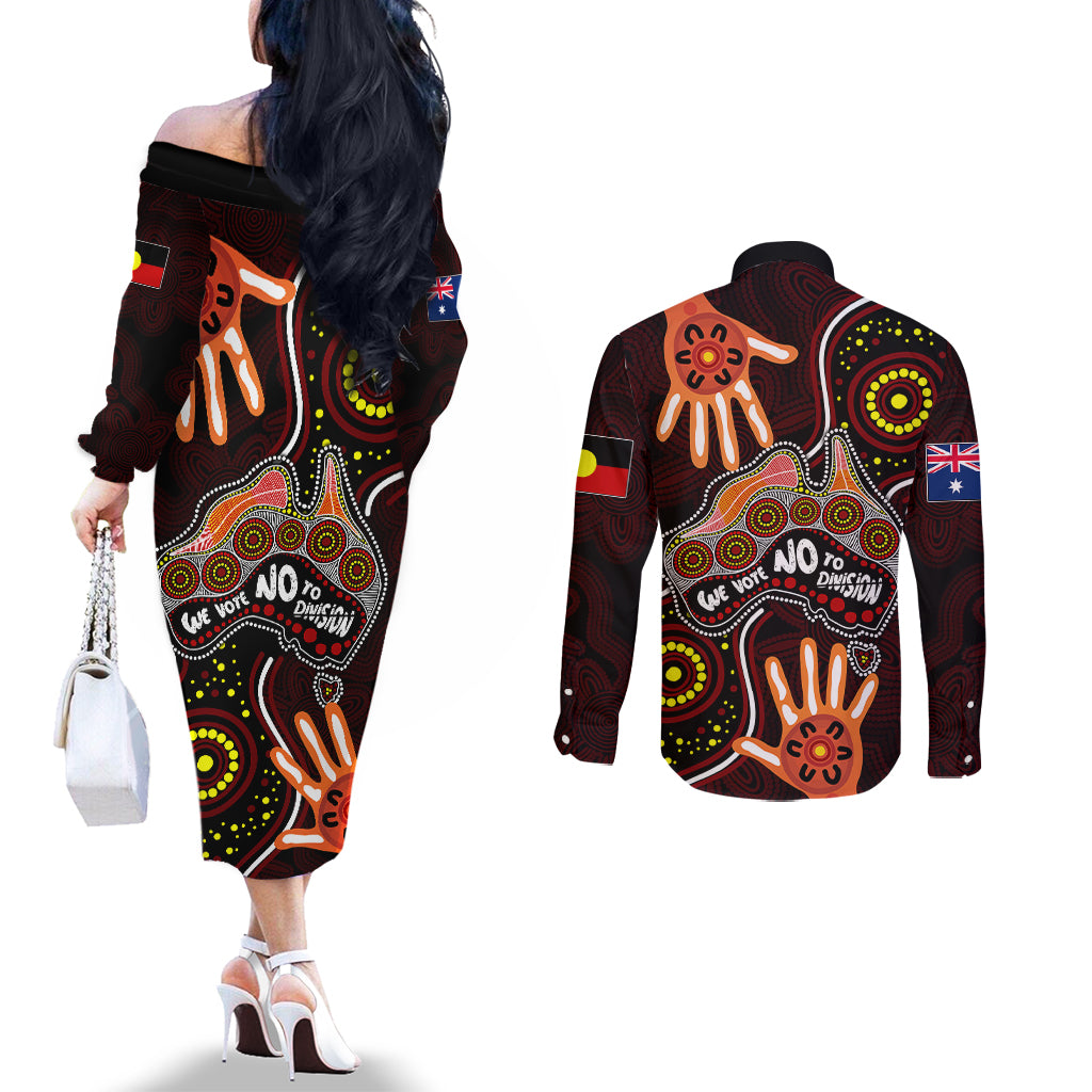 australia-indigenous-couples-matching-off-the-shoulder-long-sleeve-dress-and-long-sleeve-button-shirts-we-vote-no-to-division-aboriginal-map
