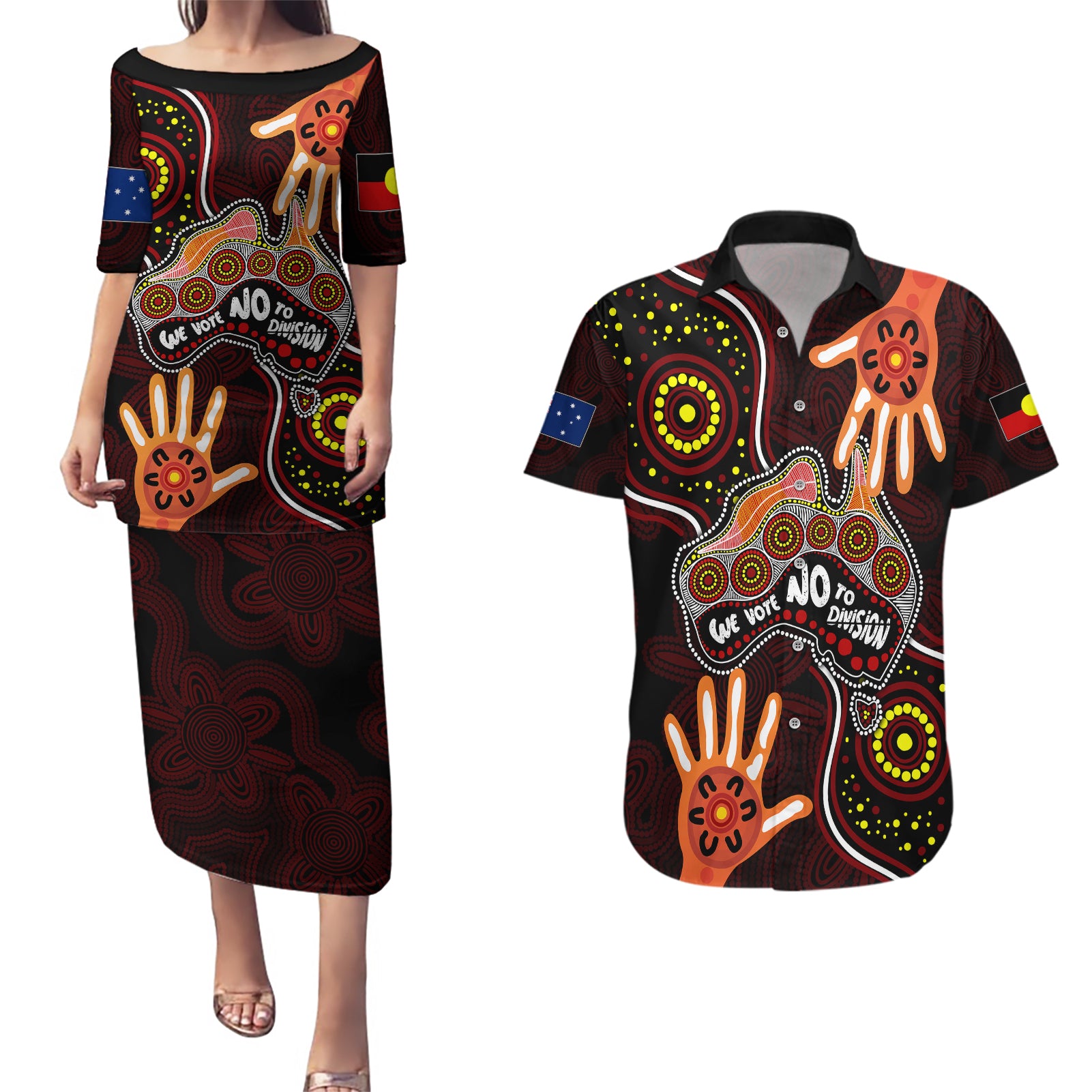 australia-indigenous-couples-matching-puletasi-dress-and-hawaiian-shirt-we-vote-no-to-division-aboriginal-map