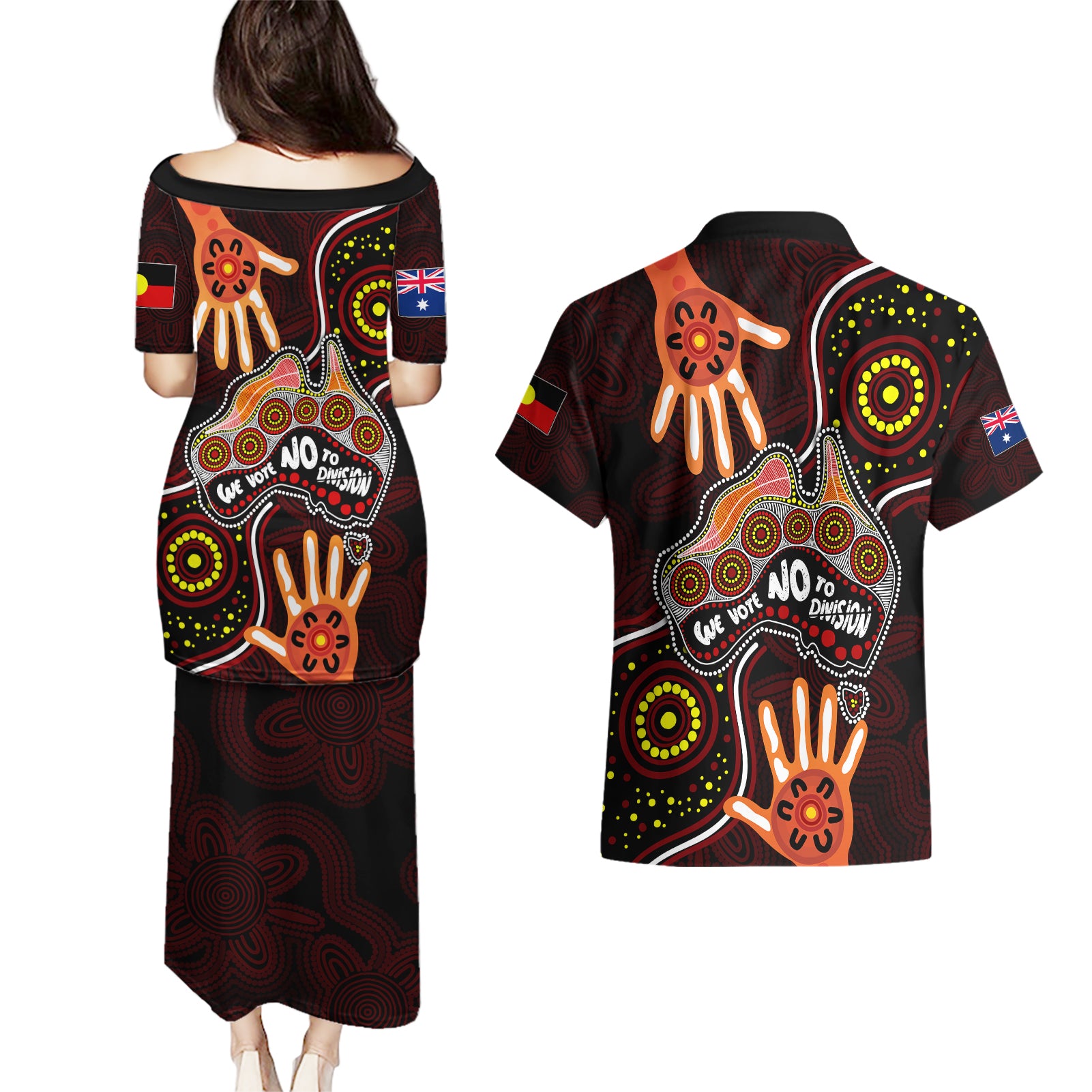 australia-indigenous-couples-matching-puletasi-dress-and-hawaiian-shirt-we-vote-no-to-division-aboriginal-map