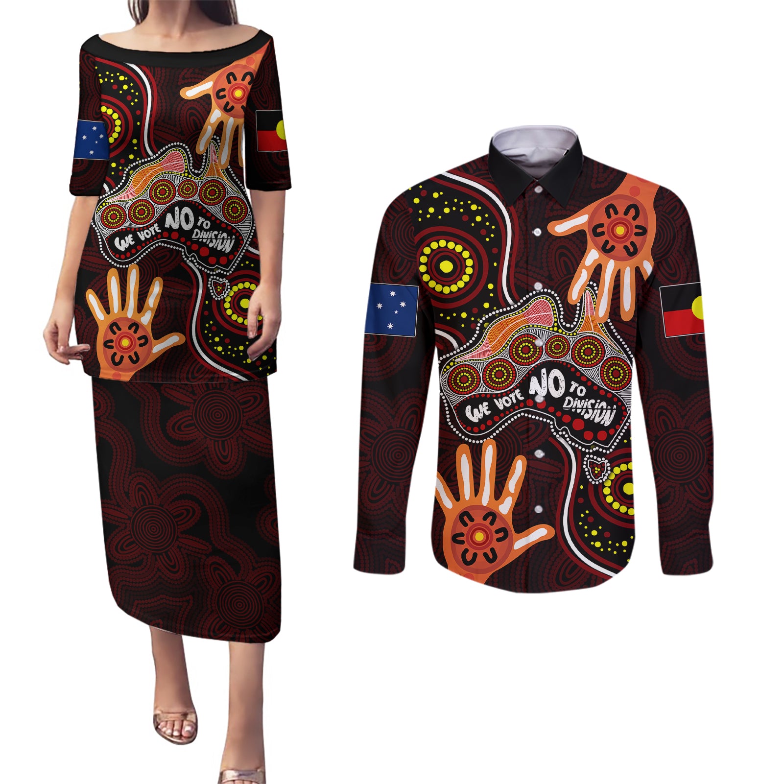 australia-indigenous-couples-matching-puletasi-dress-and-long-sleeve-button-shirts-we-vote-no-to-division-aboriginal-map