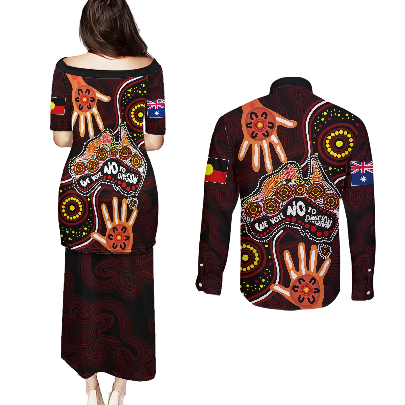 australia-indigenous-couples-matching-puletasi-dress-and-long-sleeve-button-shirts-we-vote-no-to-division-aboriginal-map