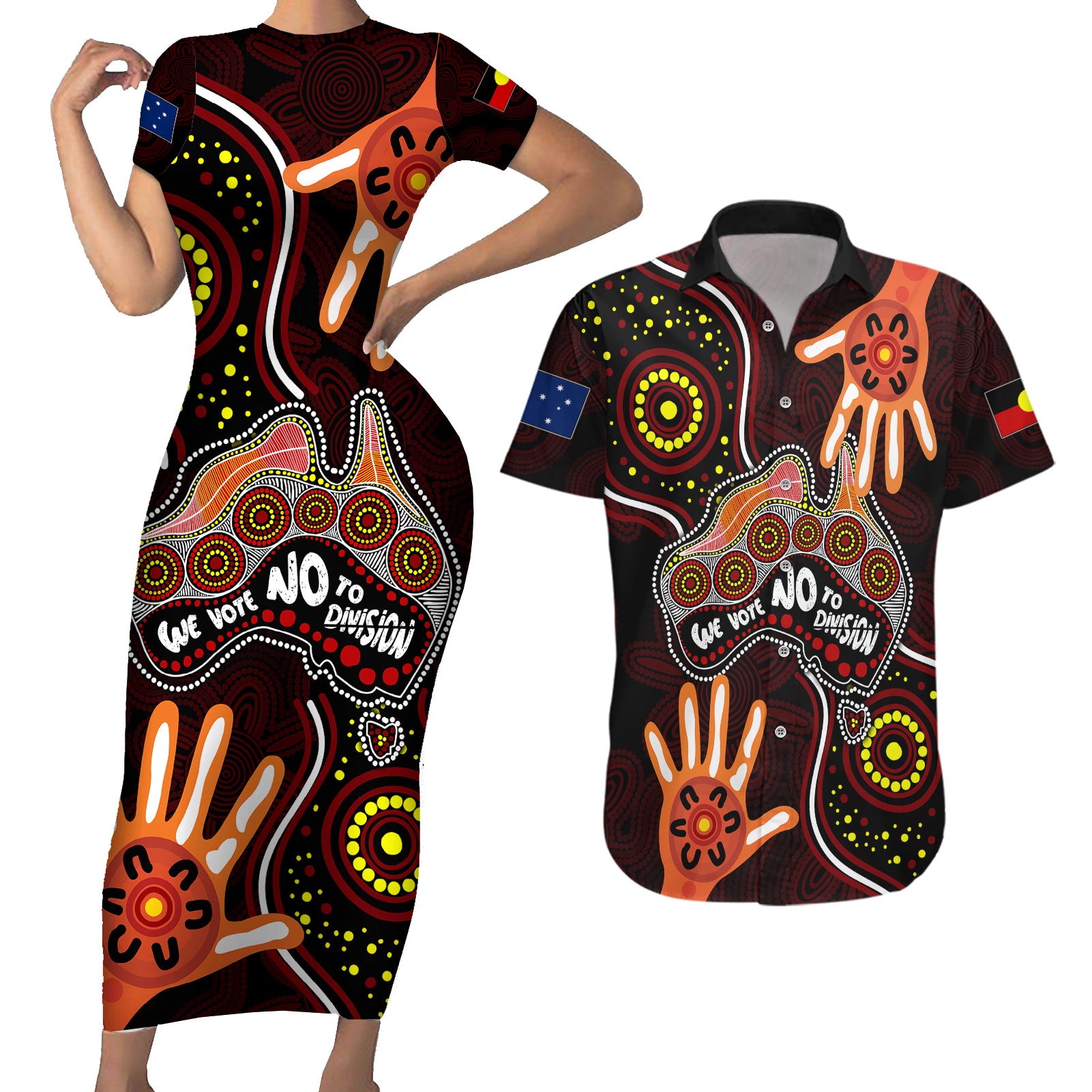 australia-indigenous-couples-matching-short-sleeve-bodycon-dress-and-hawaiian-shirt-we-vote-no-to-division-aboriginal-map
