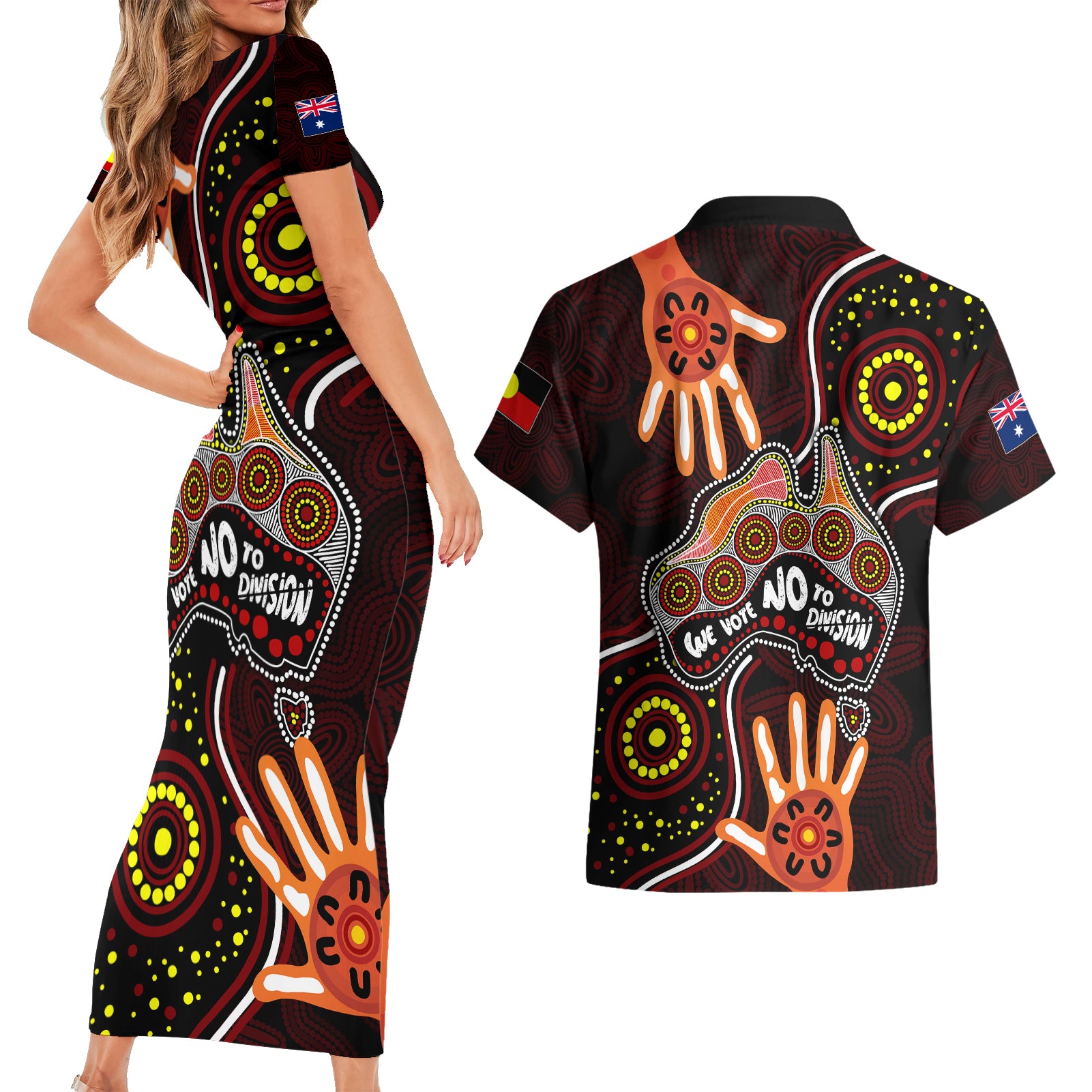 australia-indigenous-couples-matching-short-sleeve-bodycon-dress-and-hawaiian-shirt-we-vote-no-to-division-aboriginal-map