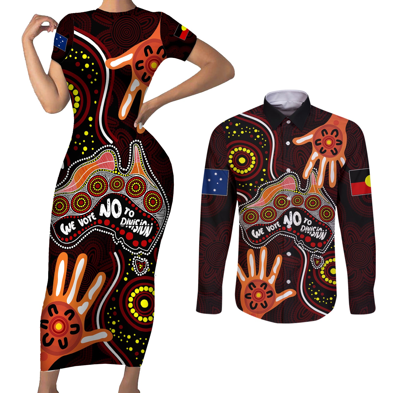 australia-indigenous-couples-matching-short-sleeve-bodycon-dress-and-long-sleeve-button-shirts-we-vote-no-to-division-aboriginal-map