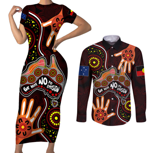 australia-indigenous-couples-matching-short-sleeve-bodycon-dress-and-long-sleeve-button-shirts-we-vote-no-to-division-aboriginal-map