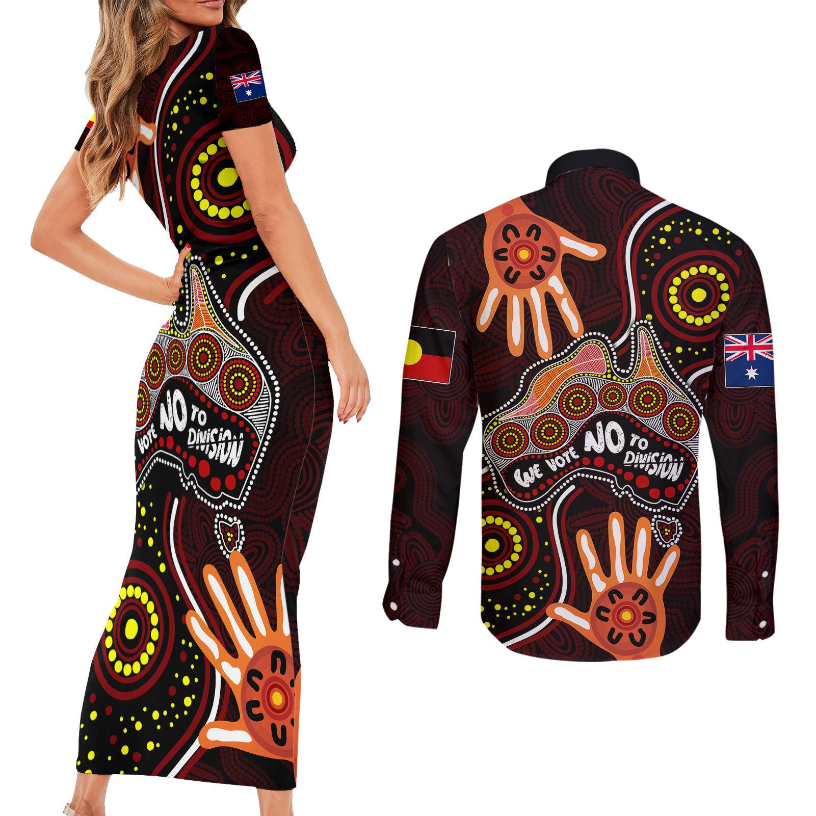 australia-indigenous-couples-matching-short-sleeve-bodycon-dress-and-long-sleeve-button-shirts-we-vote-no-to-division-aboriginal-map