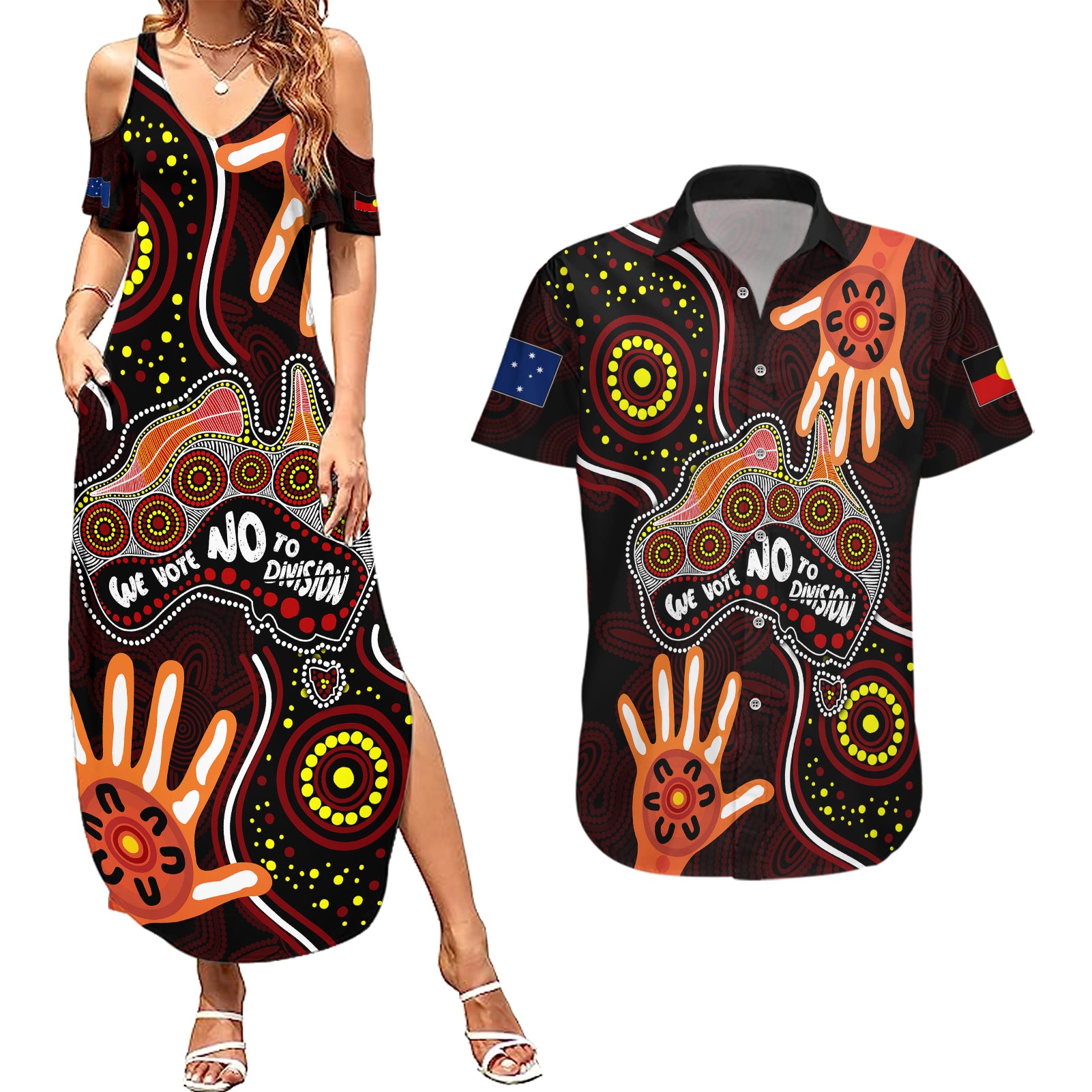 australia-indigenous-couples-matching-summer-maxi-dress-and-hawaiian-shirt-we-vote-no-to-division-aboriginal-map