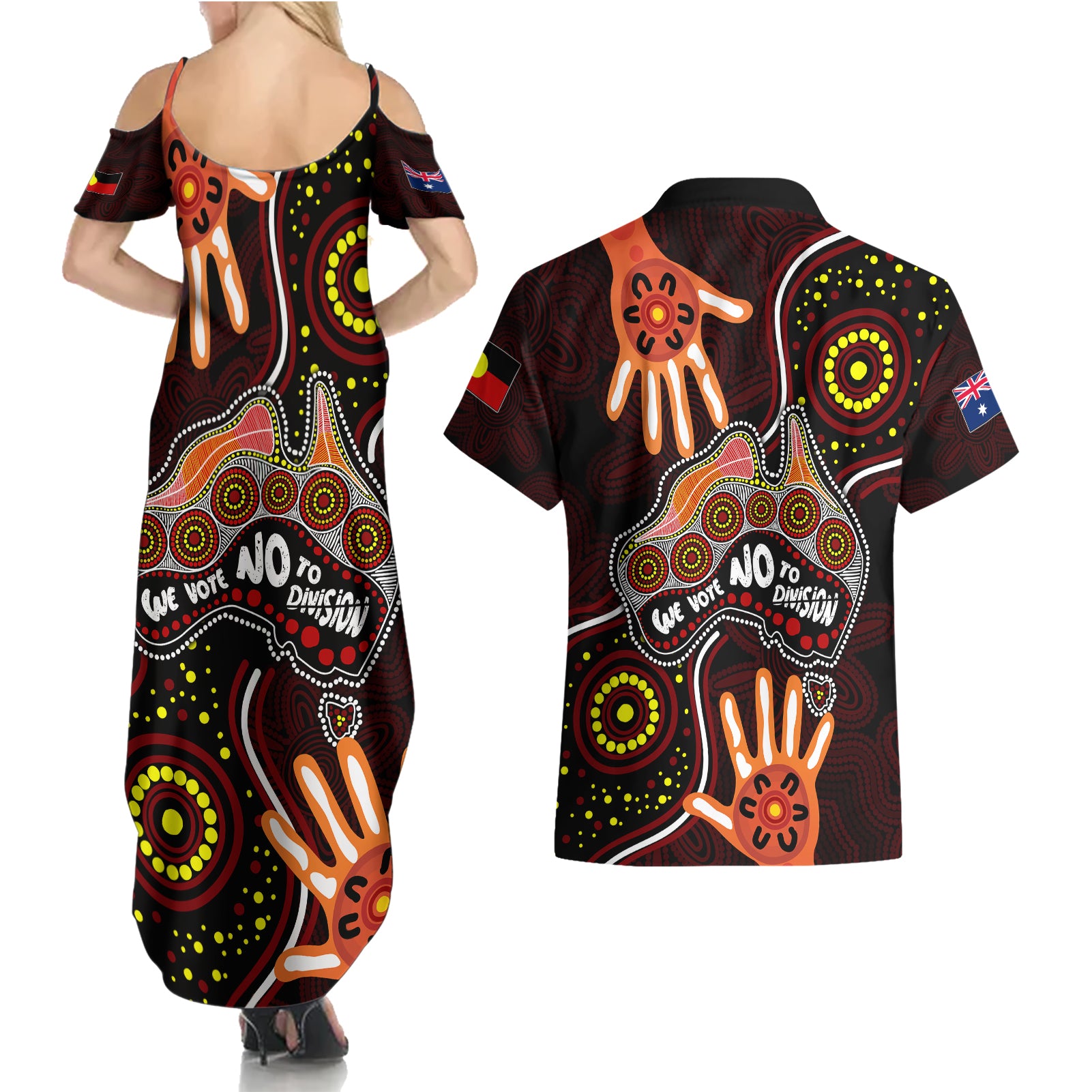 australia-indigenous-couples-matching-summer-maxi-dress-and-hawaiian-shirt-we-vote-no-to-division-aboriginal-map