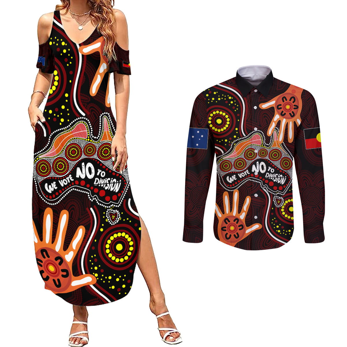 australia-indigenous-couples-matching-summer-maxi-dress-and-long-sleeve-button-shirts-we-vote-no-to-division-aboriginal-map