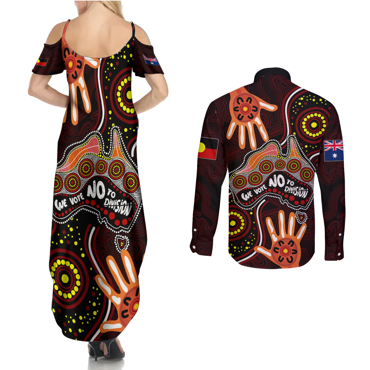 australia-indigenous-couples-matching-summer-maxi-dress-and-long-sleeve-button-shirts-we-vote-no-to-division-aboriginal-map