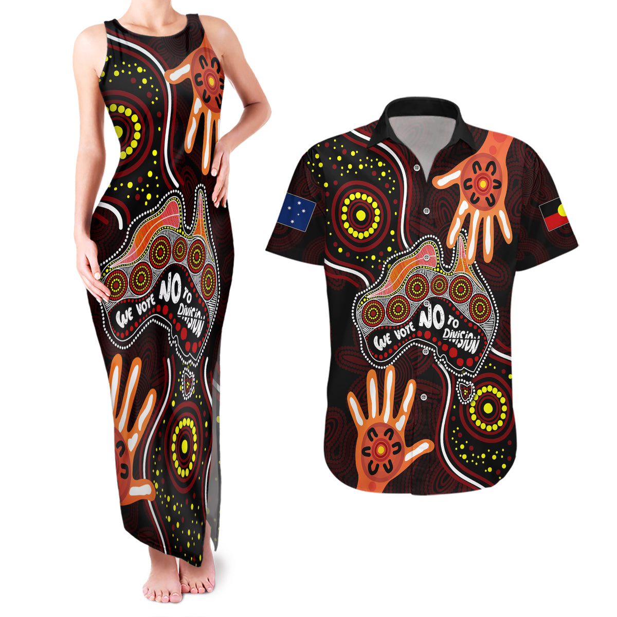 australia-indigenous-couples-matching-tank-maxi-dress-and-hawaiian-shirt-we-vote-no-to-division-aboriginal-map