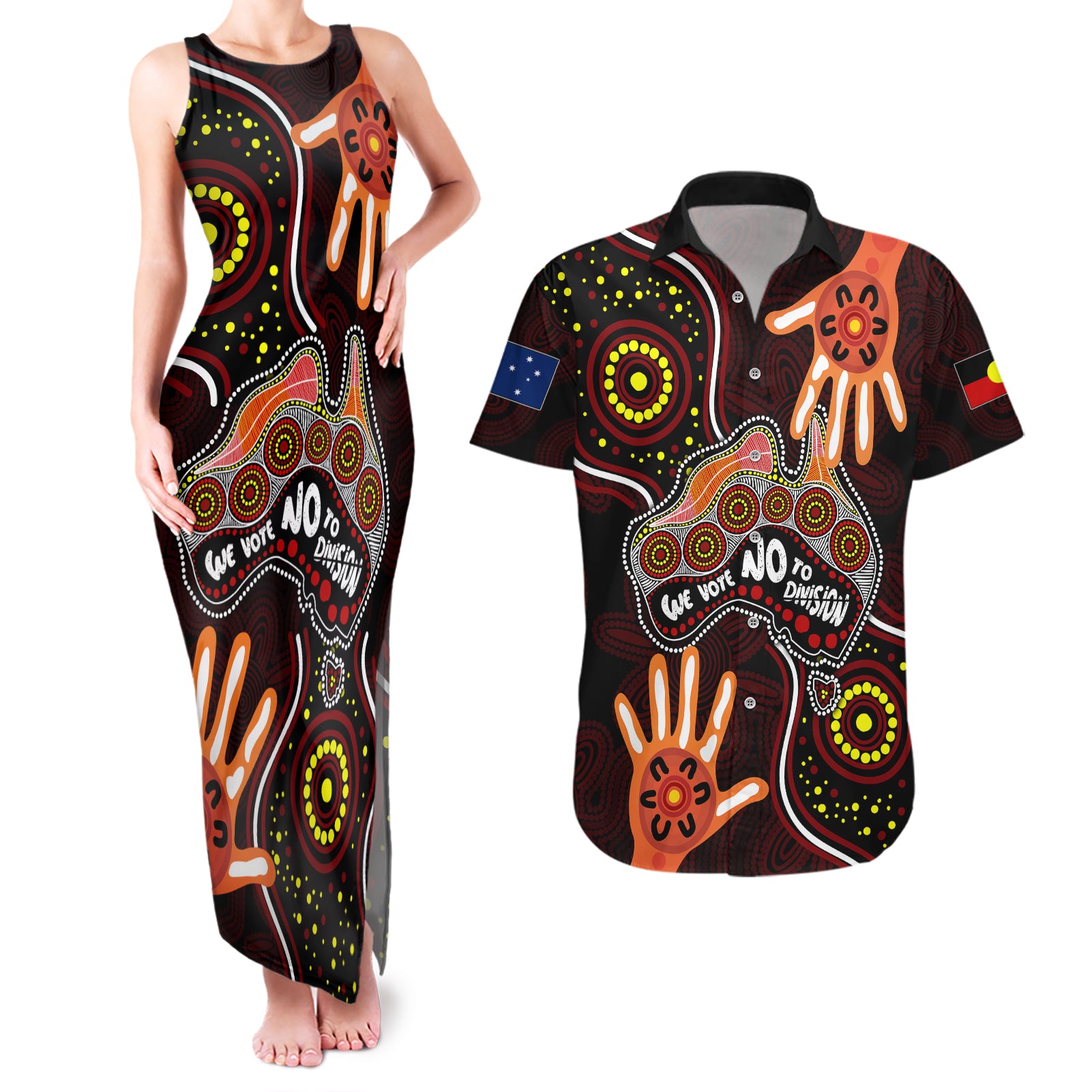 australia-indigenous-couples-matching-tank-maxi-dress-and-hawaiian-shirt-we-vote-no-to-division-aboriginal-map