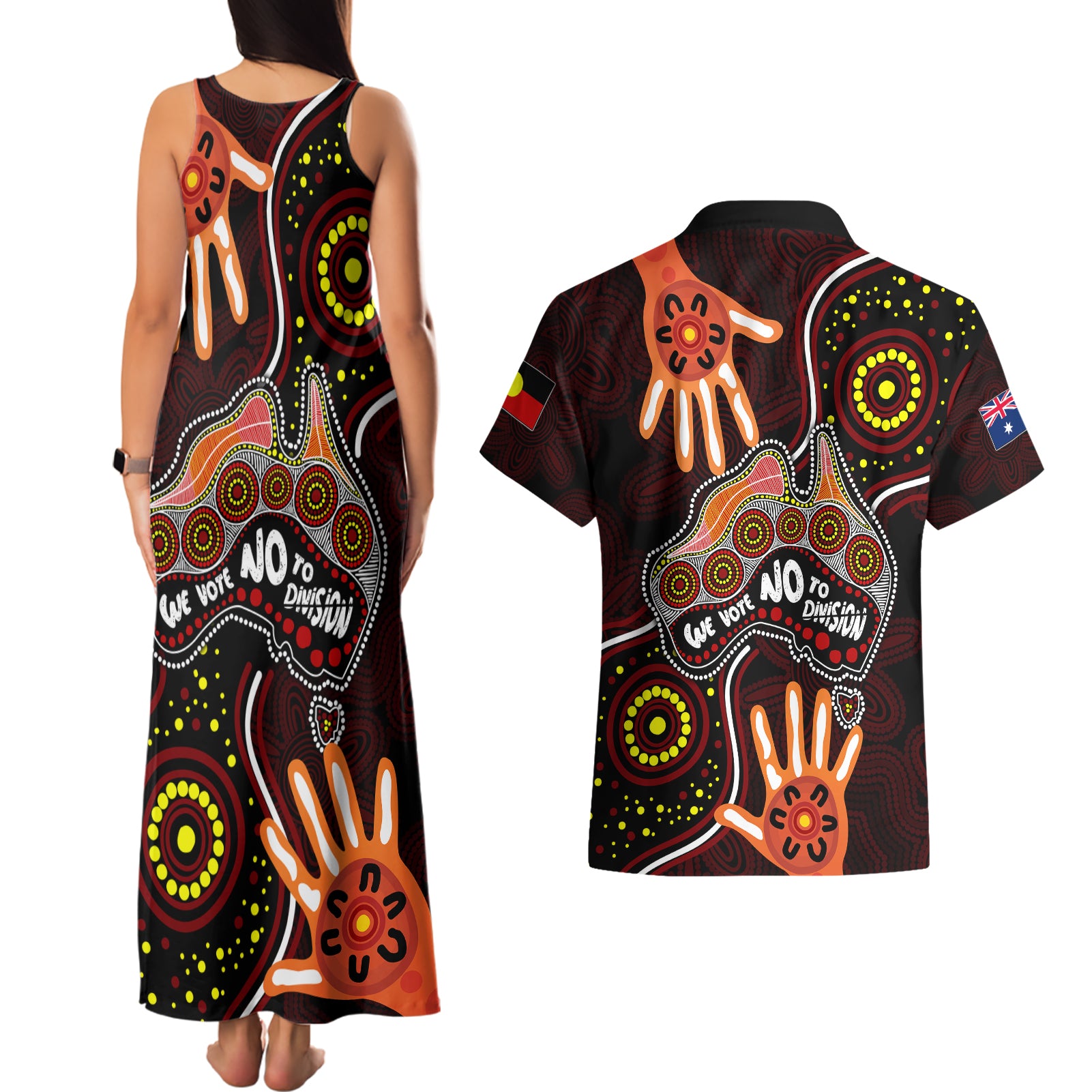 australia-indigenous-couples-matching-tank-maxi-dress-and-hawaiian-shirt-we-vote-no-to-division-aboriginal-map