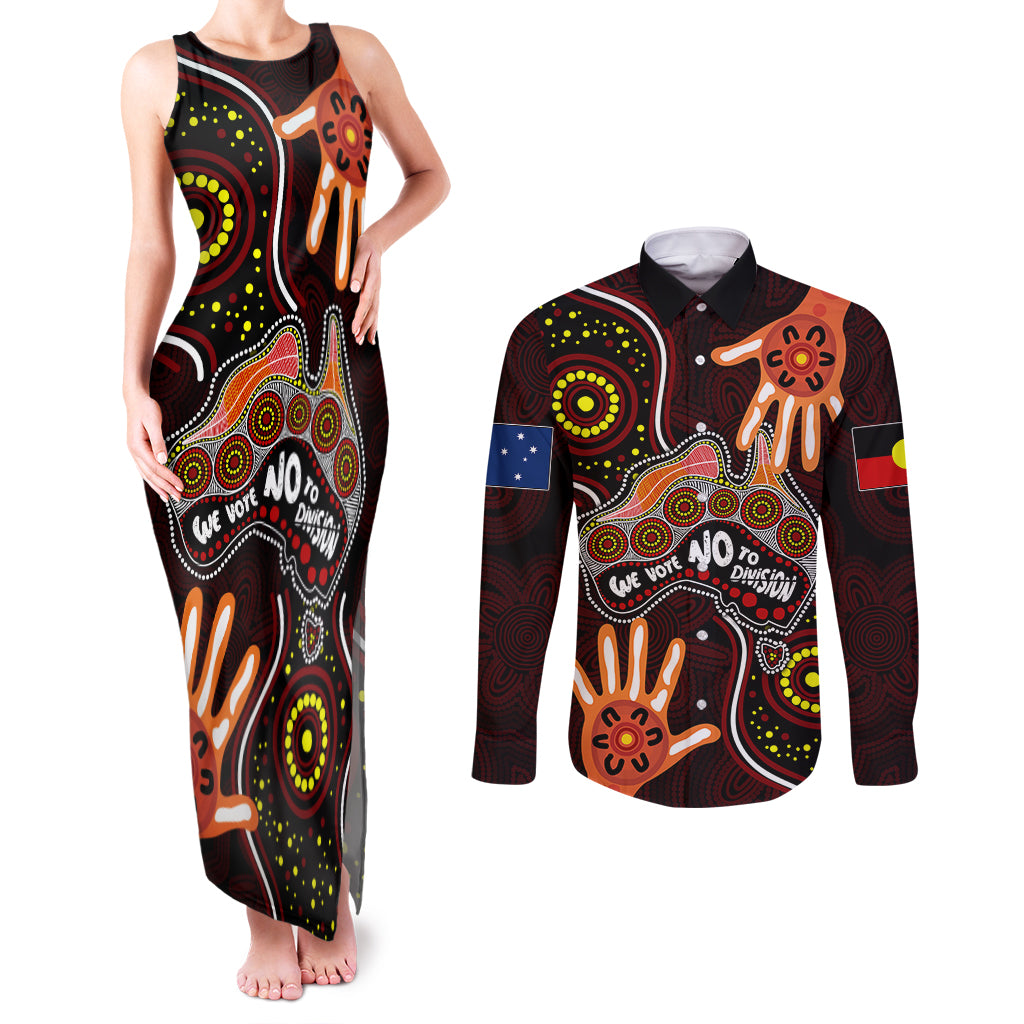 australia-indigenous-couples-matching-tank-maxi-dress-and-long-sleeve-button-shirts-we-vote-no-to-division-aboriginal-map