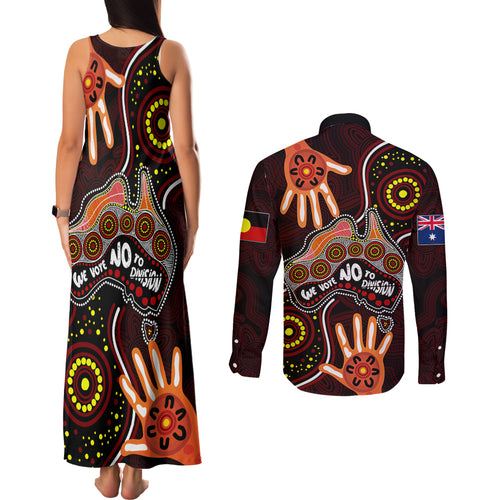 australia-indigenous-couples-matching-tank-maxi-dress-and-long-sleeve-button-shirts-we-vote-no-to-division-aboriginal-map