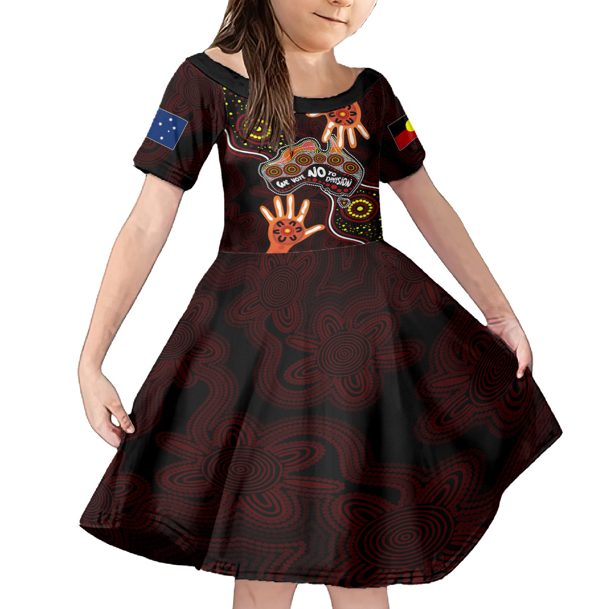 australia-indigenous-kid-short-sleeve-dress-we-vote-no-to-division-aboriginal-map