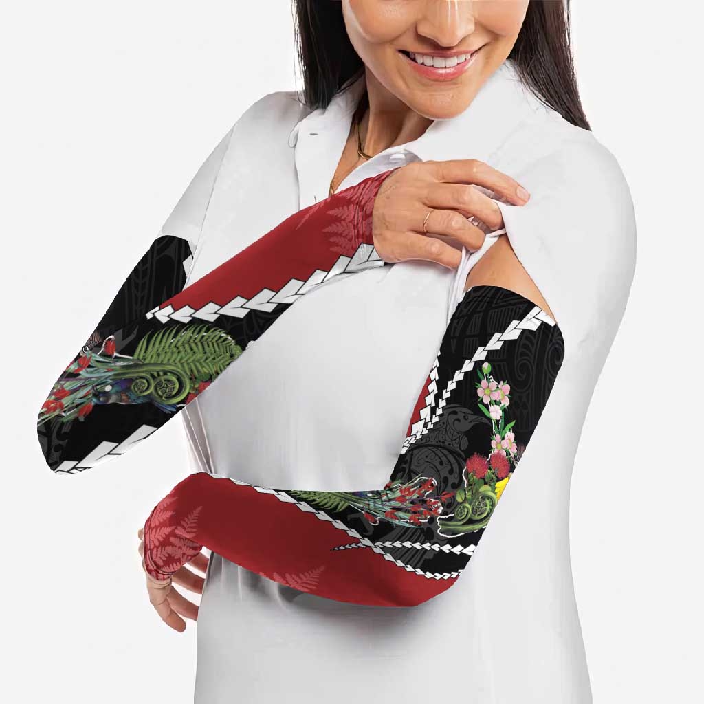New Zealand Christmas Arm Sleeves Flora Map with Birds - Aussie Hoodie