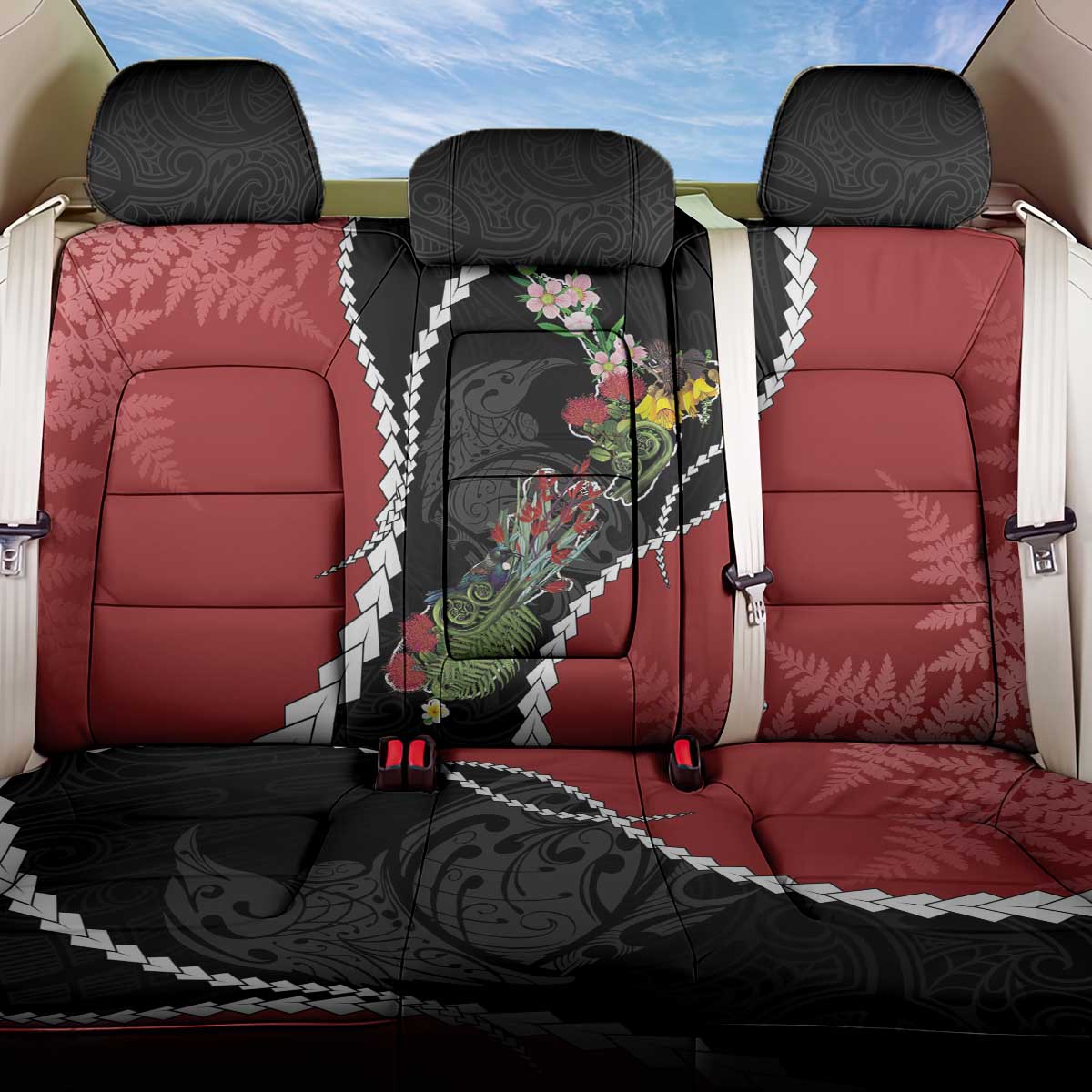 New Zealand Christmas Back Car Seat Cover Flora Map with Birds - Aussie Hoodie