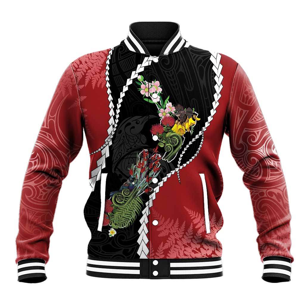 New Zealand Christmas Baseball Jacket Flora Map with Birds - Aussie Hoodie