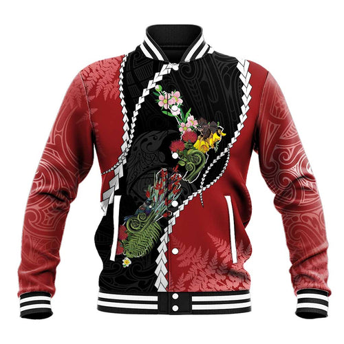 New Zealand Christmas Baseball Jacket Flora Map with Birds - Aussie Hoodie