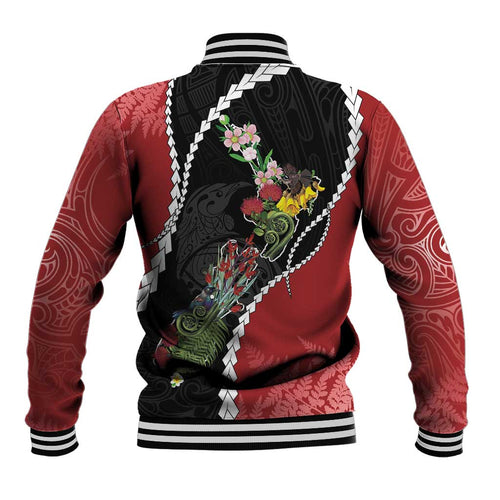 New Zealand Christmas Baseball Jacket Flora Map with Birds - Aussie Hoodie