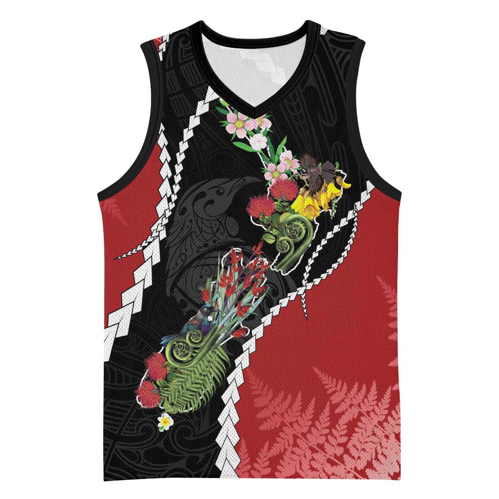New Zealand Christmas Basketball Jersey Flora Map with Birds - Aussie Hoodie