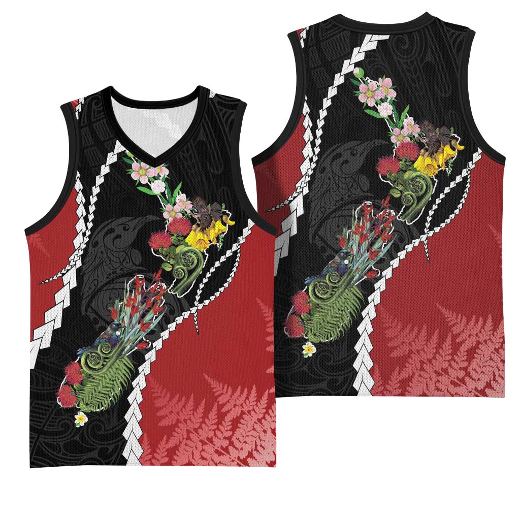 New Zealand Christmas Basketball Jersey Flora Map with Birds - Aussie Hoodie