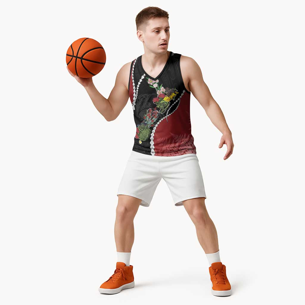New Zealand Christmas Basketball Jersey Flora Map with Birds - Aussie Hoodie
