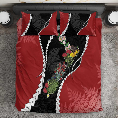 New Zealand Christmas Bedding Set Flora Map with Birds - Aussie Hoodie
