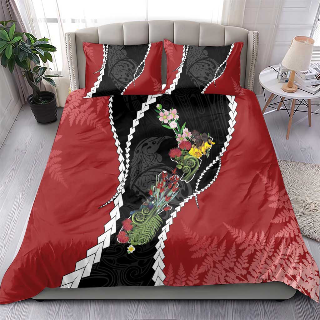 New Zealand Christmas Bedding Set Flora Map with Birds - Aussie Hoodie