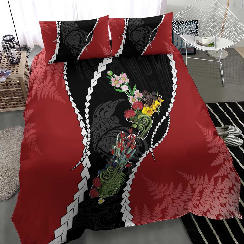 New Zealand Christmas Bedding Set Flora Map with Birds - Aussie Hoodie