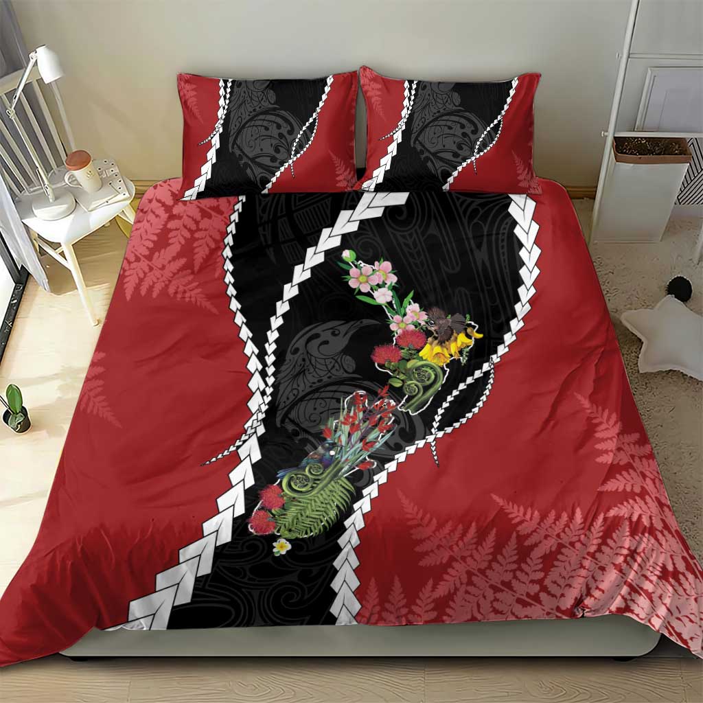 New Zealand Christmas Bedding Set Flora Map with Birds - Aussie Hoodie